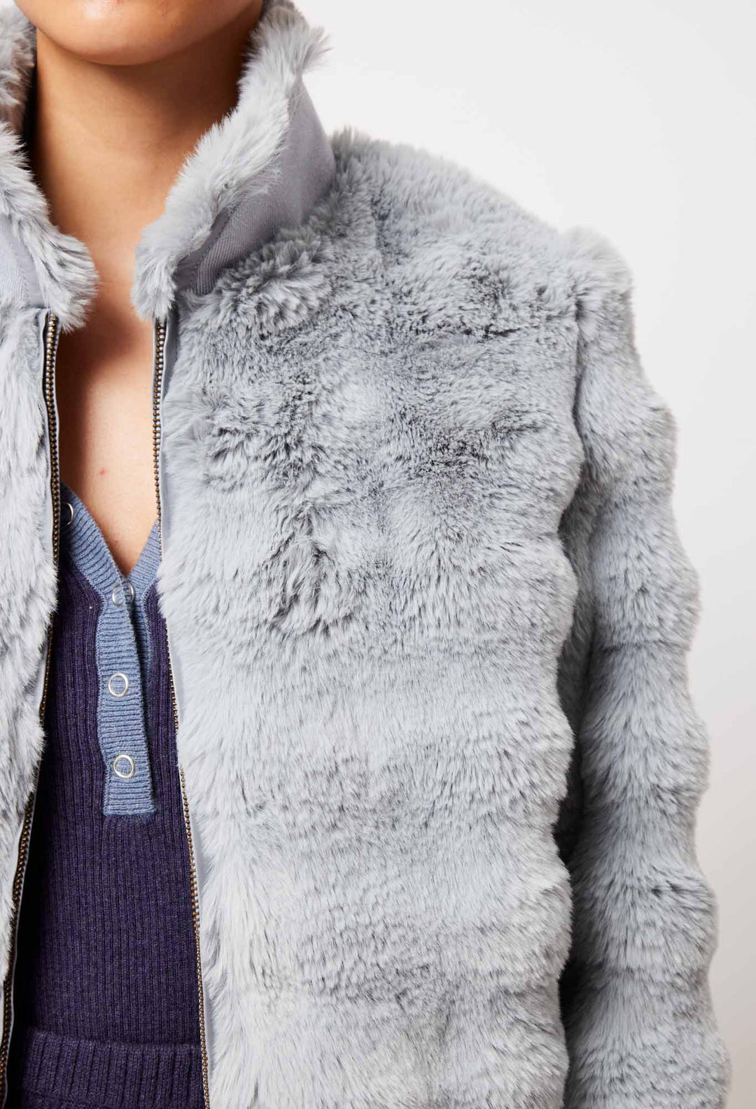 OnceWas Stella Faux Fur Bomber Jacket in Ice Blue