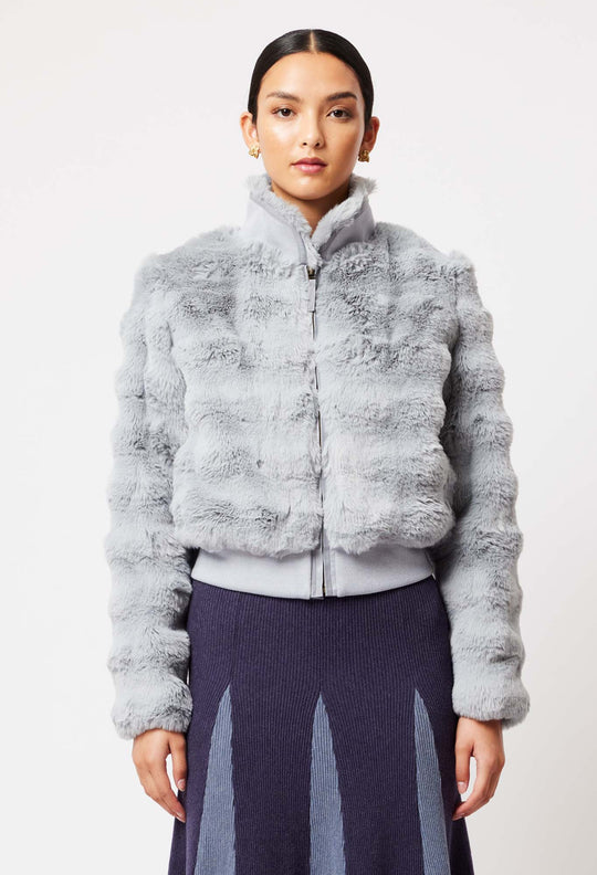 OnceWas Stella Faux Fur Bomber Jacket in Ice Blue