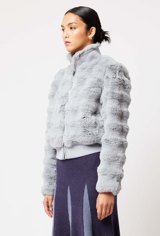 OnceWas Stella Faux Fur Bomber Jacket in Ice Blue