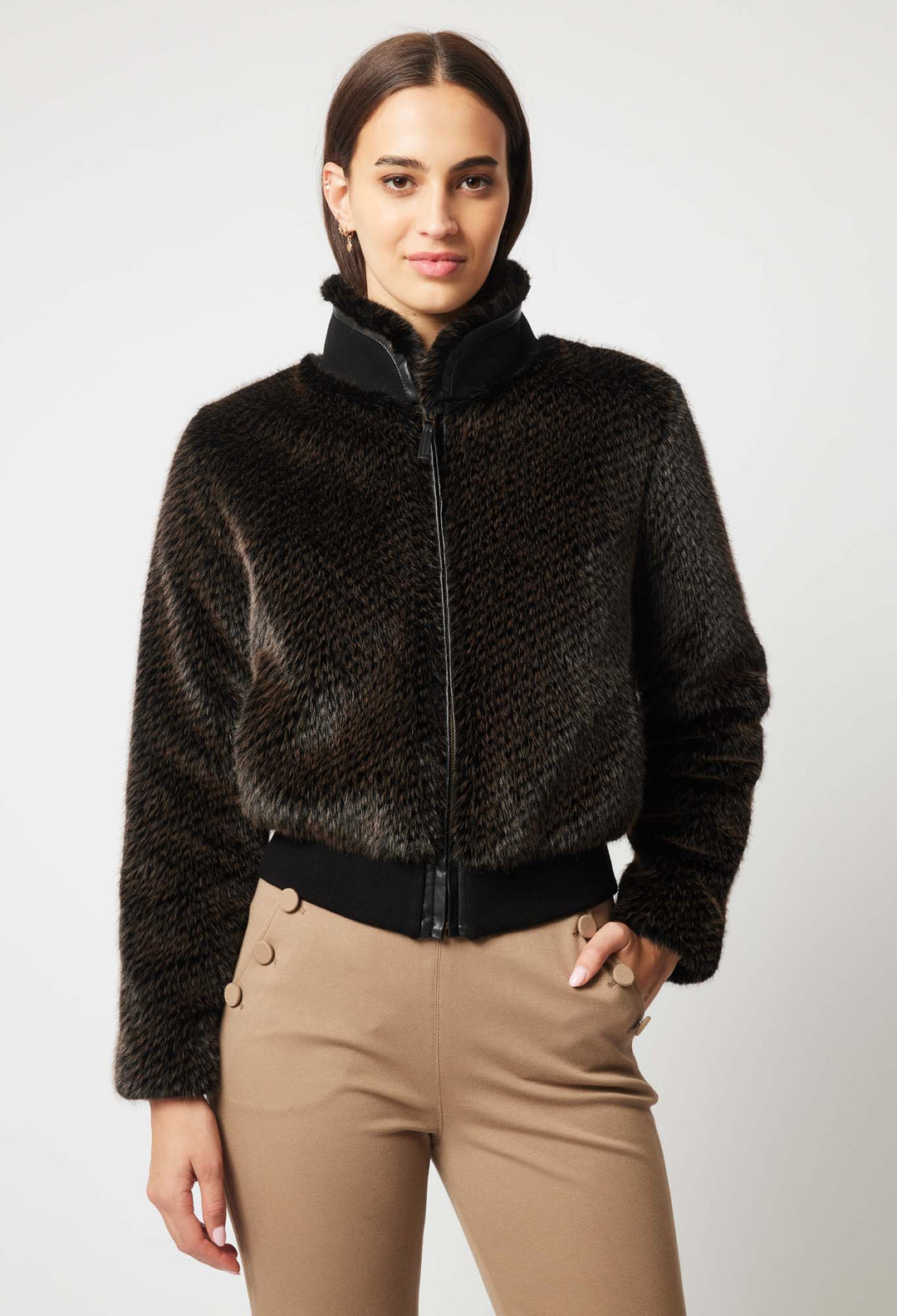 OnceWas Stella Faux Fur Bomber Jacket in Black