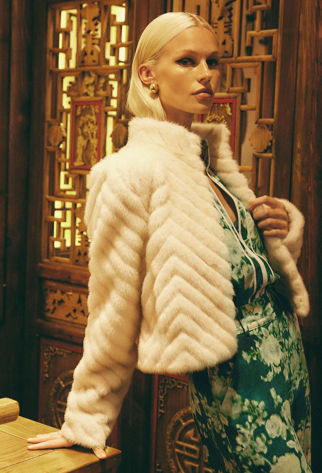 OnceWas Altair Faux Fur Jacket in Porcelain