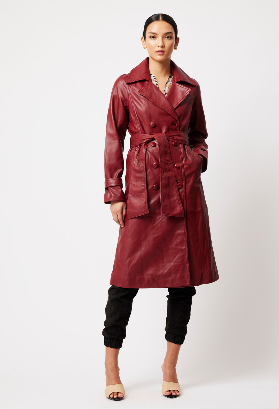 OnceWas Astra Leather Trench Coat in Scarlet