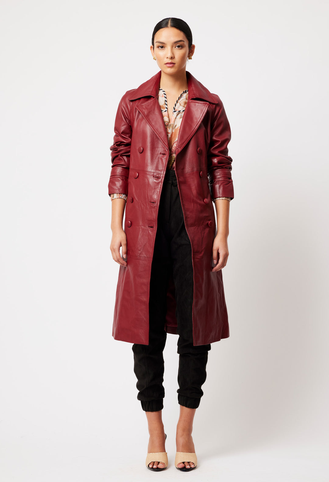 OnceWas Astra Leather Trench Coat in Scarlet