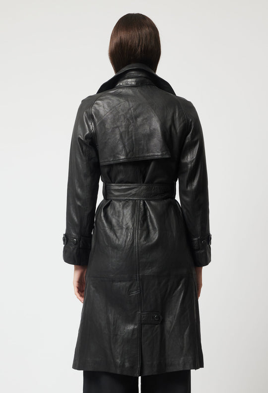 OnceWas Astra Leather Trench Coat in Black