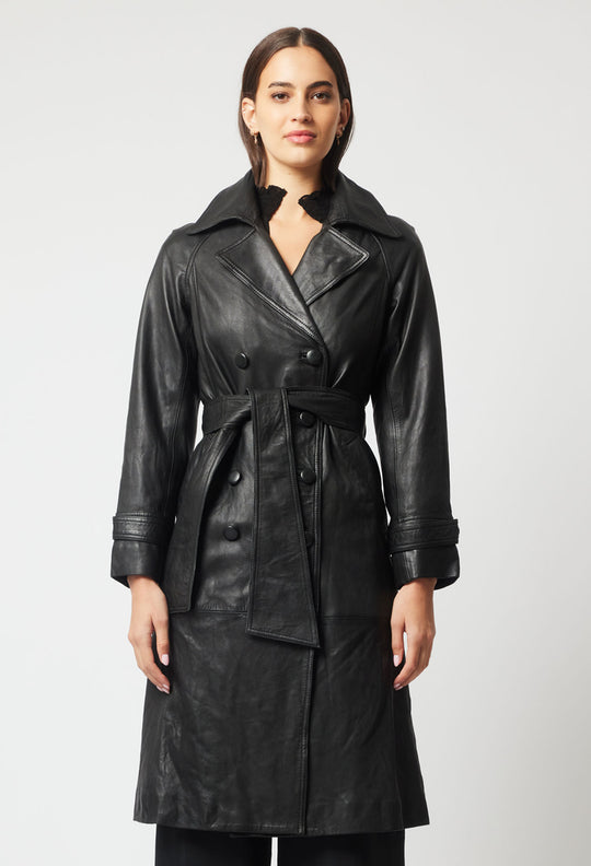 OnceWas Astra Leather Trench Coat in Black