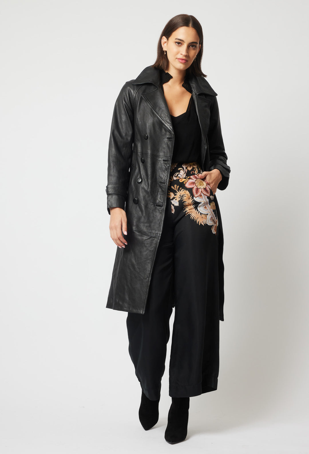 OnceWas Astra Leather Trench Coat in Black