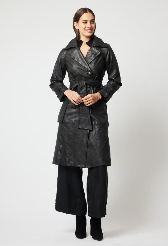 OnceWas Astra Leather Trench Coat in Black