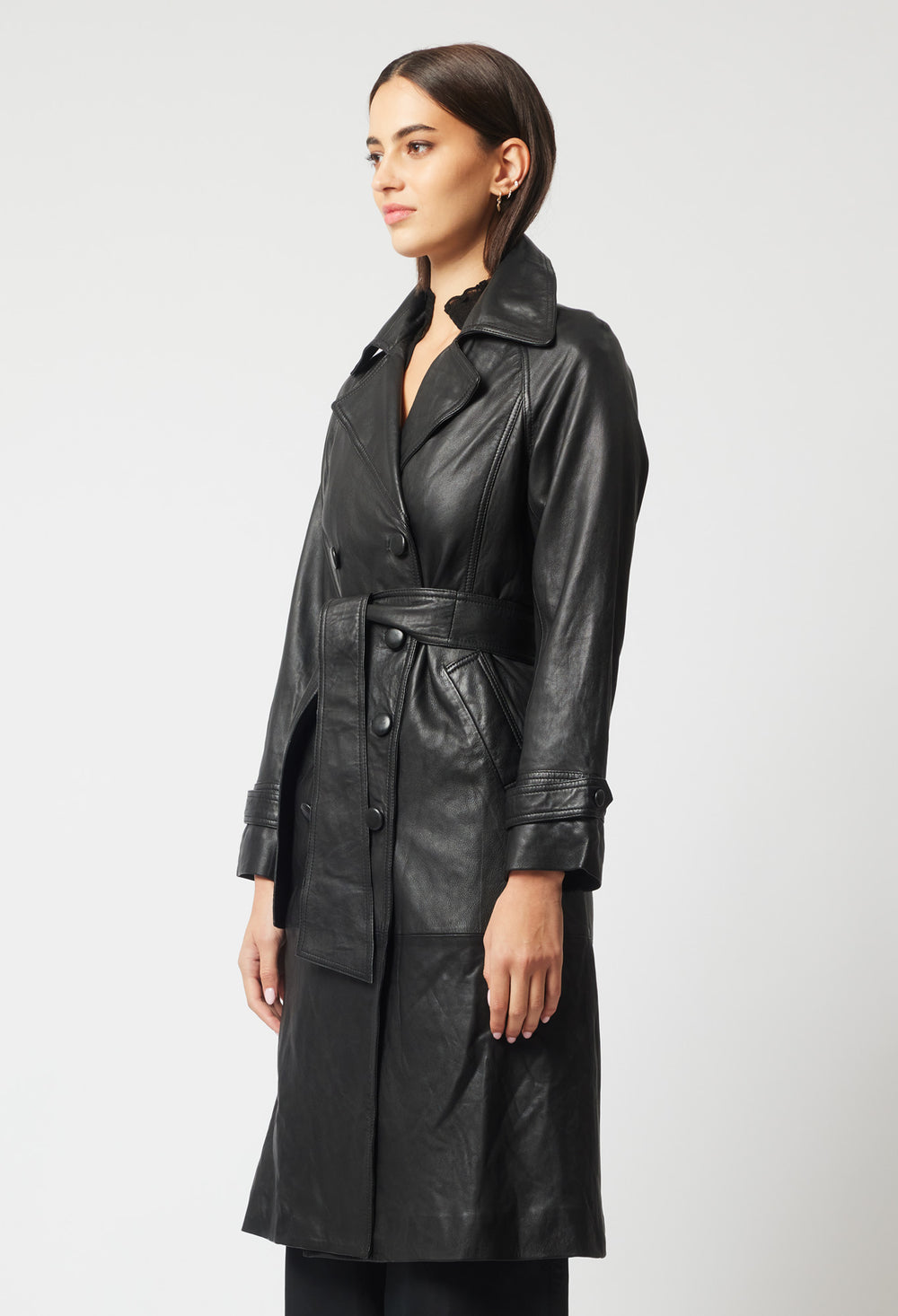 OnceWas Astra Leather Trench Coat in Black