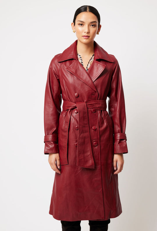 OnceWas Astra Leather Trench Coat in Scarlet