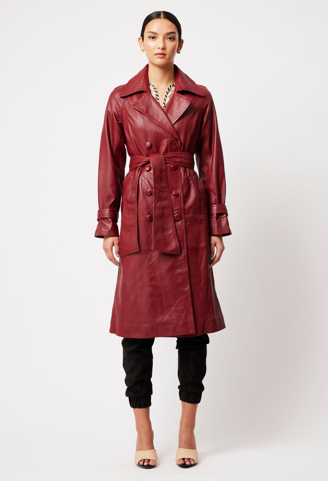 OnceWas Astra Leather Trench Coat in Scarlet