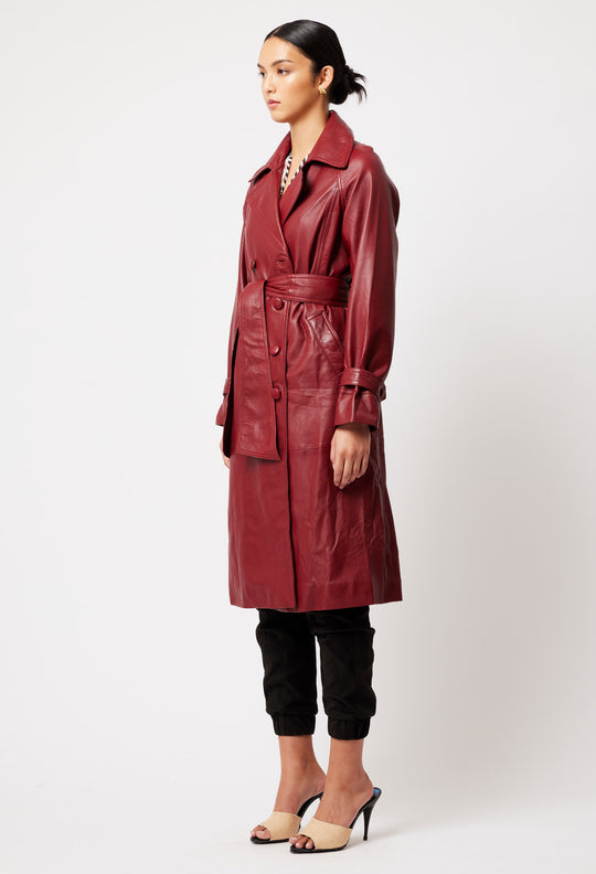 OnceWas Astra Leather Trench Coat in Scarlet