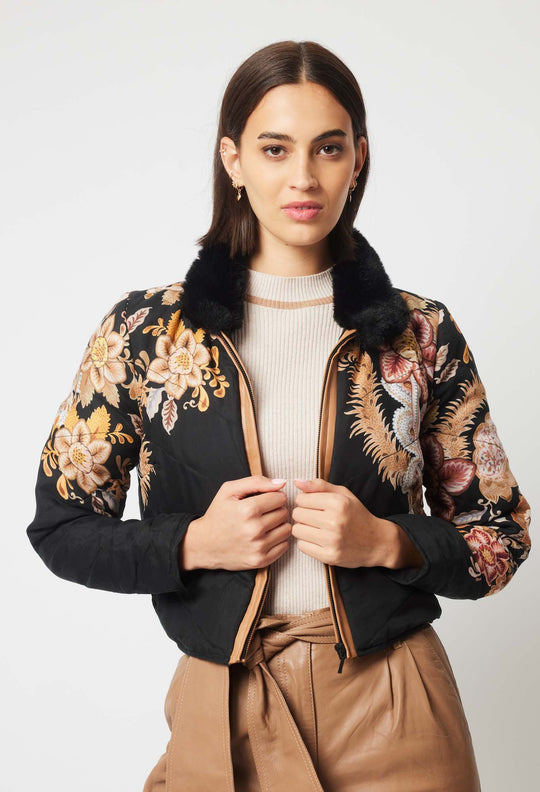 OnceWas Empress Cupro Viscose Bomber Jacket in Dragon Flower