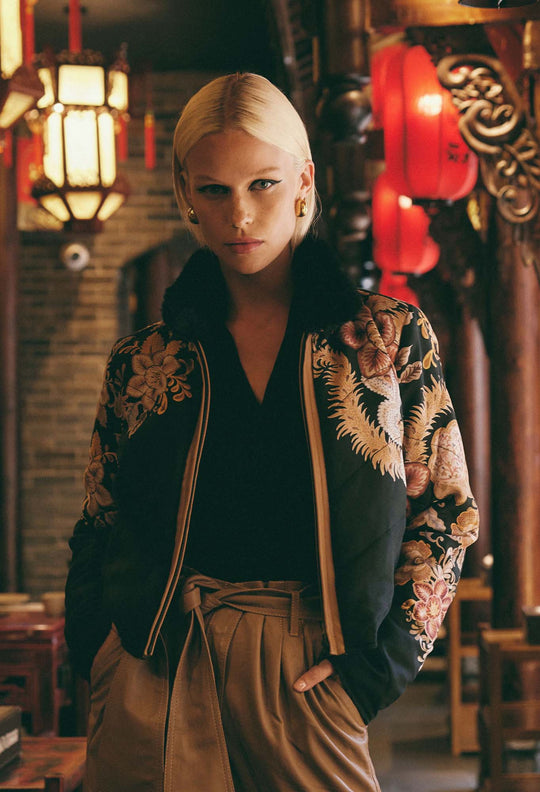 OnceWas Empress Cupro Viscose Bomber Jacket in Dragon Flower