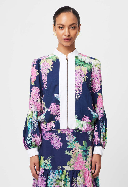 OnceWas Augustine Linen Viscose Jacket in Navy Wisteria