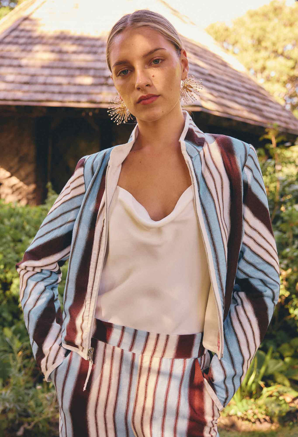 OnceWas Delray Reversible Linen Viscose Jacket in Nautilus Bloom / Iridescent Stripe