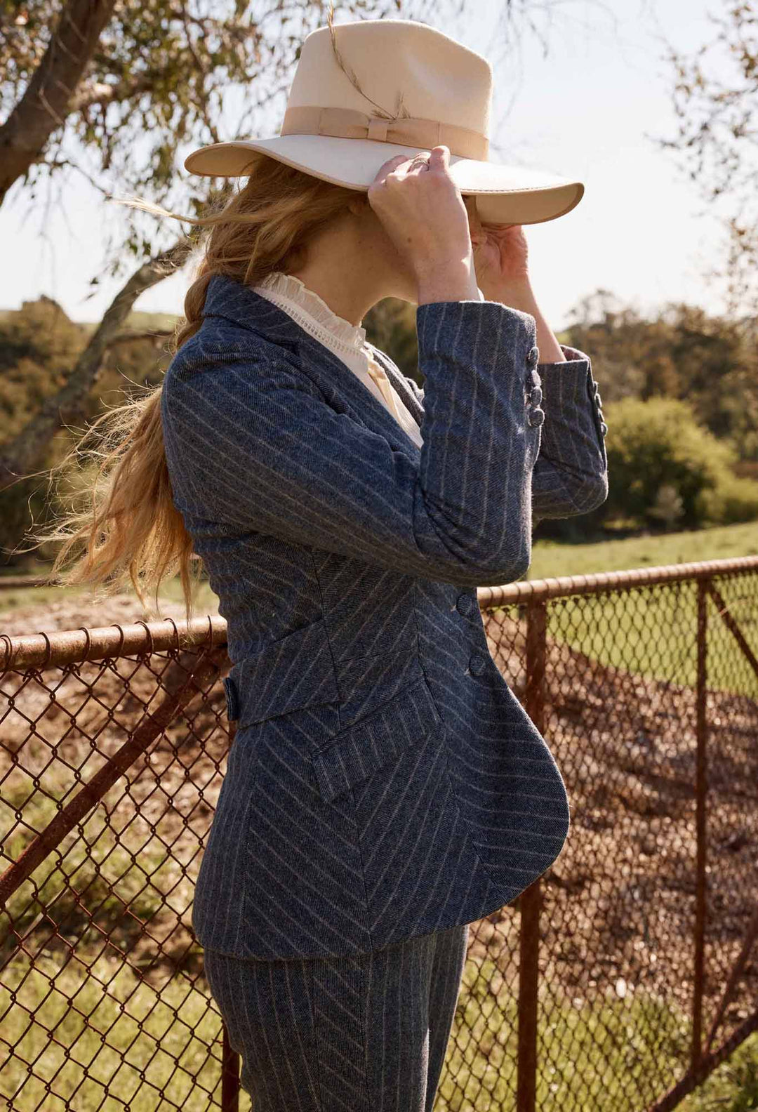 OnceWas PETITE Oaklyn Chevron Stripe Ponte Blazer in Bluestone Stripe