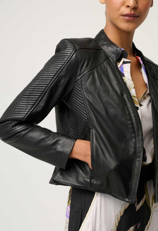 Blaire Leather Herringbone Stitch Jacket in Black