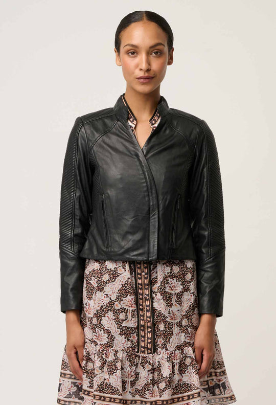 Blaire Leather Herringbone Stitch Jacket in Black