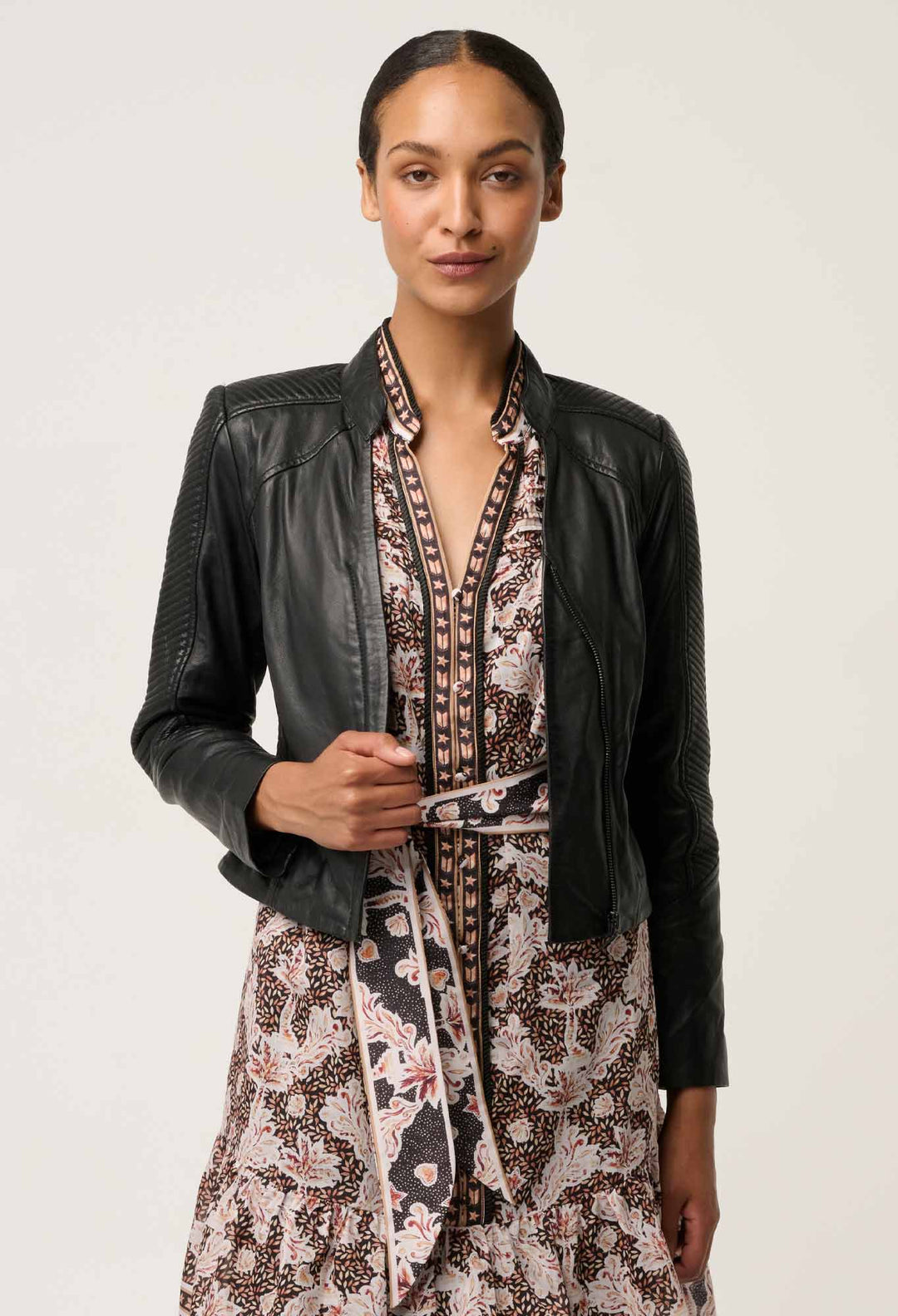 Blaire Leather Herringbone Stitch Jacket in Black