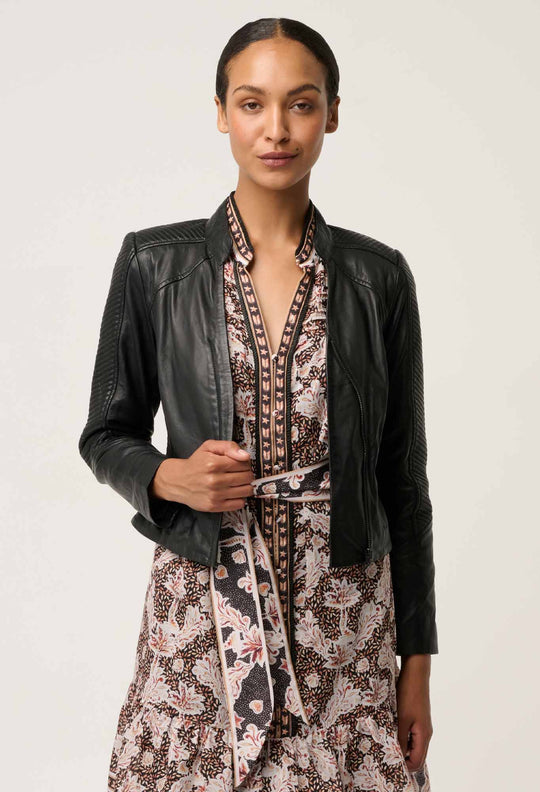 Blaire Leather Herringbone Stitch Jacket in Black