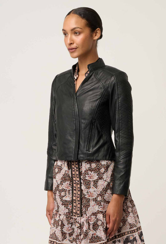 Blaire Leather Herringbone Stitch Jacket in Black