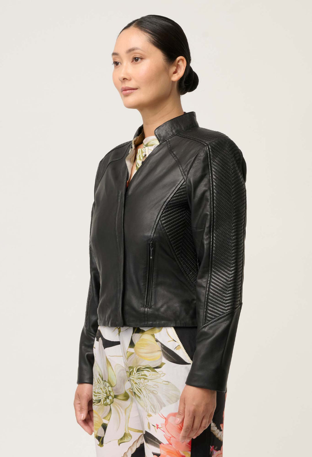 PETITE Blaire Leather Herringbone Stitch Jacket in Black