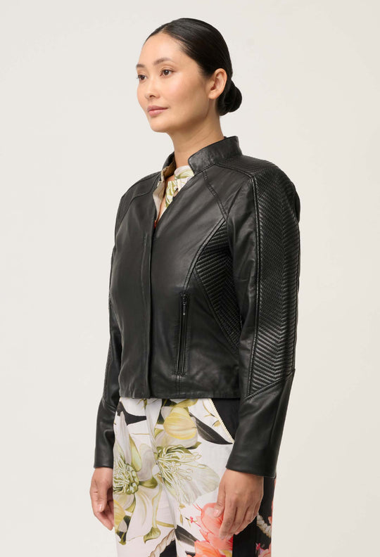 PETITE Blaire Leather Herringbone Stitch Jacket in Black