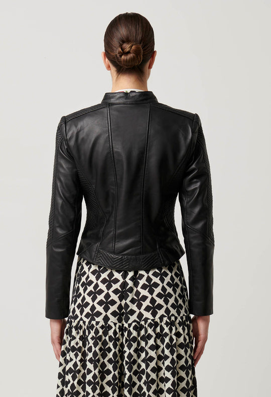 OnceWas Blaire Leather Herringbone Stitch Jacket in Black