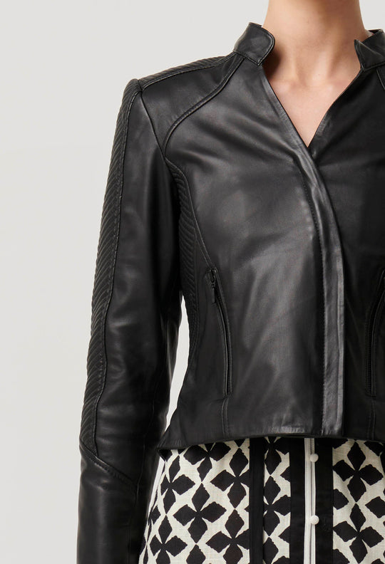 OnceWas Blaire Leather Herringbone Stitch Jacket in Black