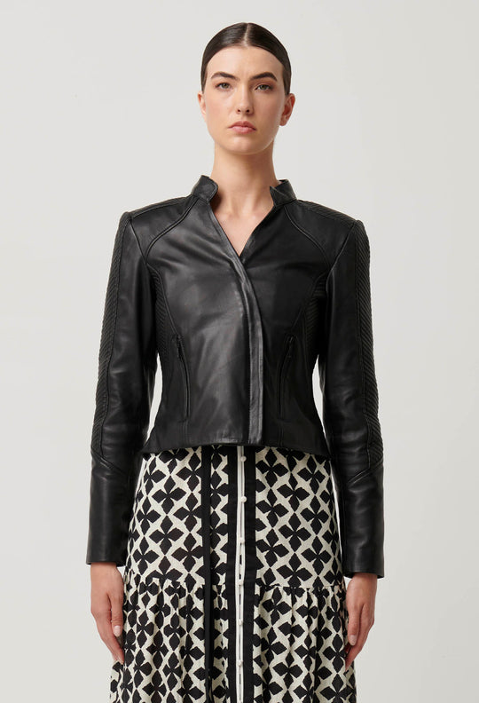 OnceWas Blaire Leather Herringbone Stitch Jacket in Black