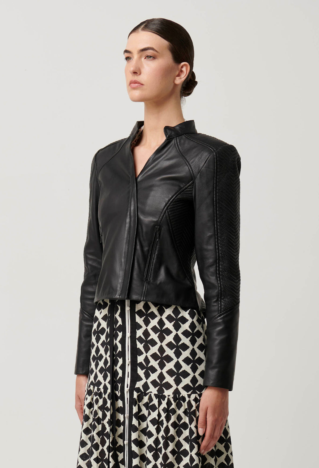 OnceWas Blaire Leather Herringbone Stitch Jacket in Black