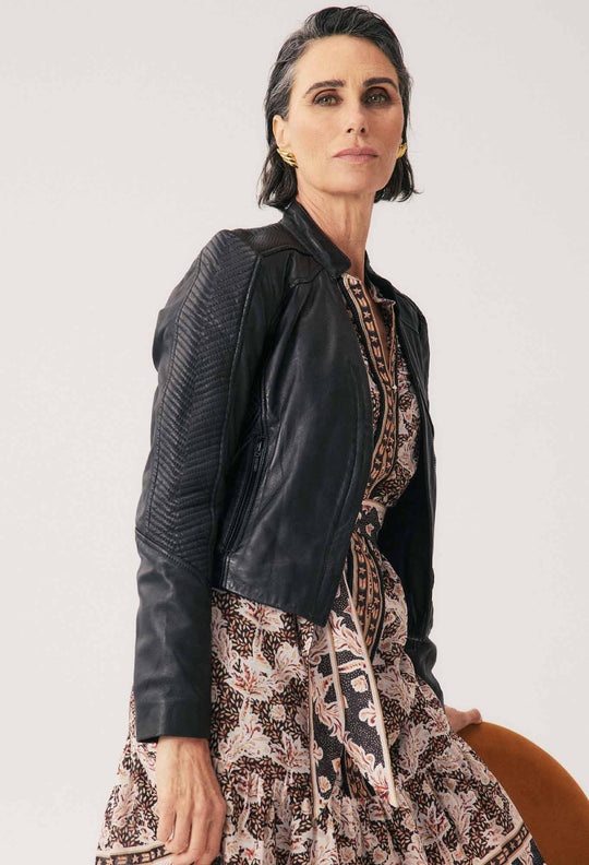 Blaire Leather Herringbone Stitch Jacket in Black