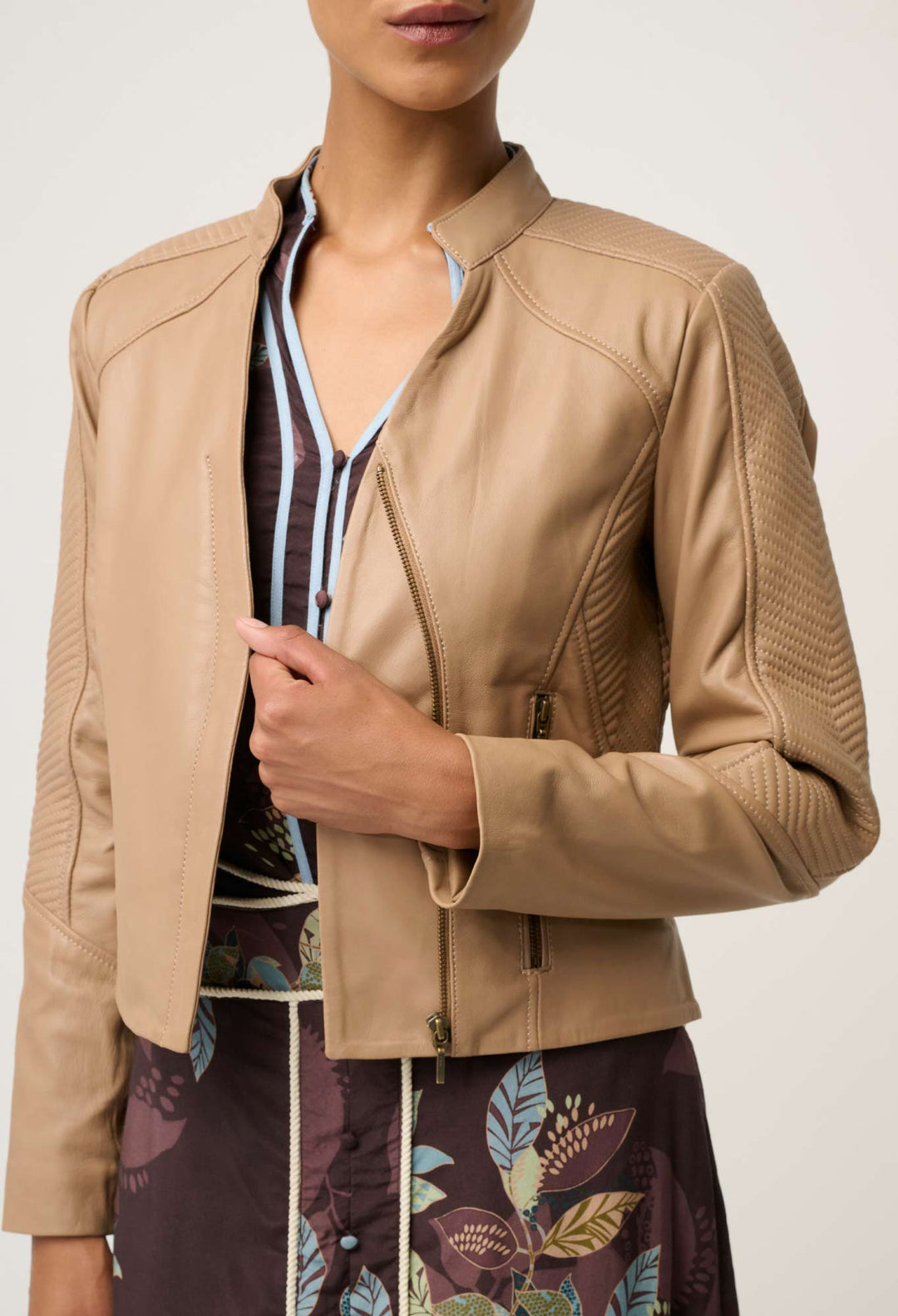 Blaire Leather Herringbone Stitch Jacket in Wheat