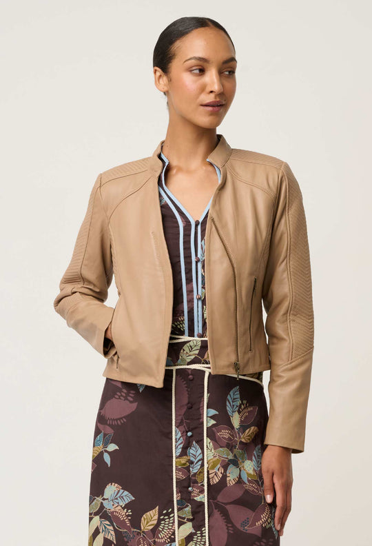 Blaire Leather Herringbone Stitch Jacket in Wheat
