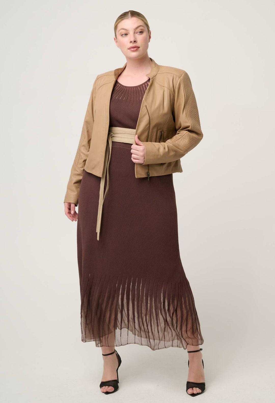 Blaire Leather Herringbone Stitch Jacket in Wheat