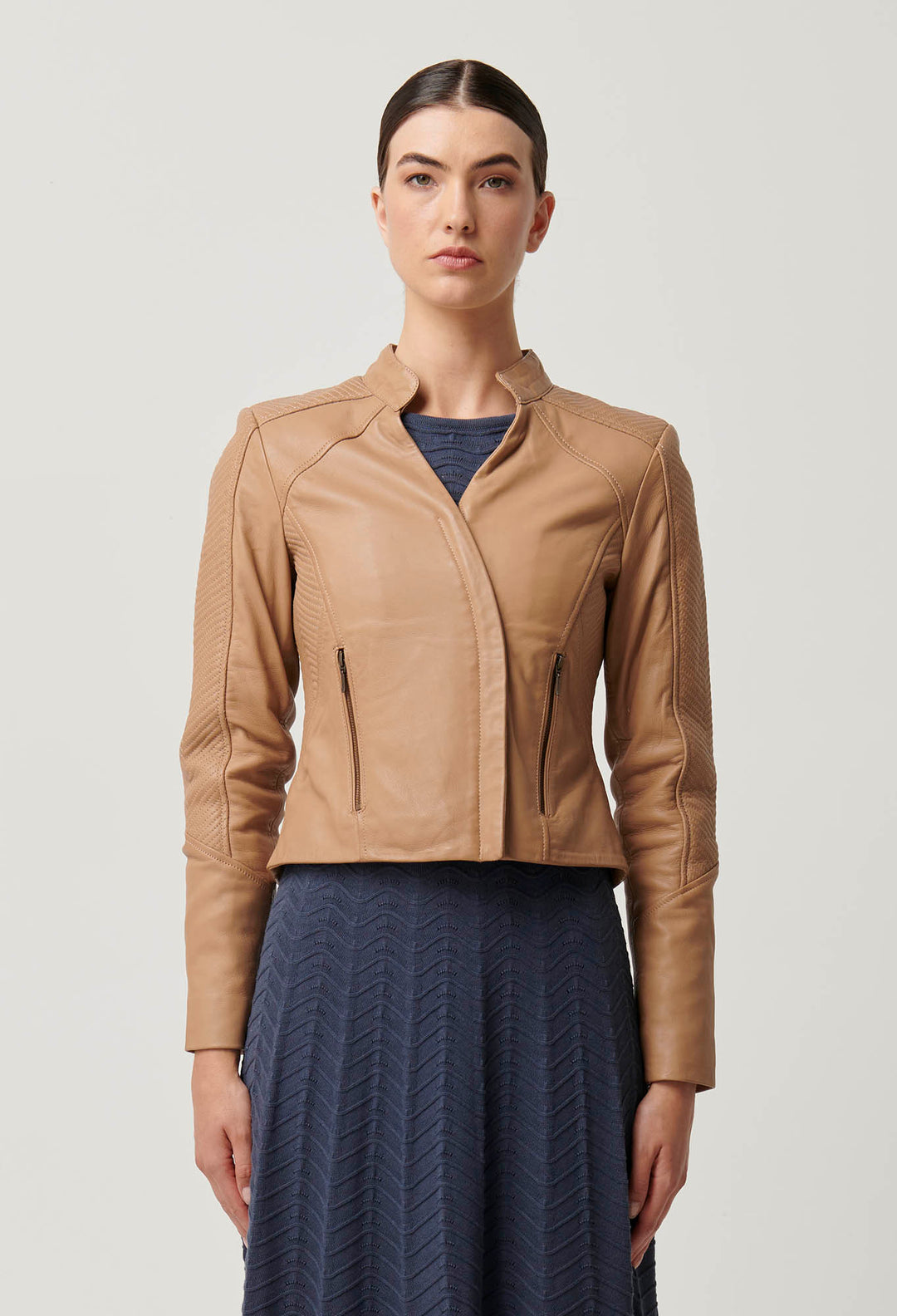 OnceWas Blaire Leather Herringbone Stitch Jacket in Wheat