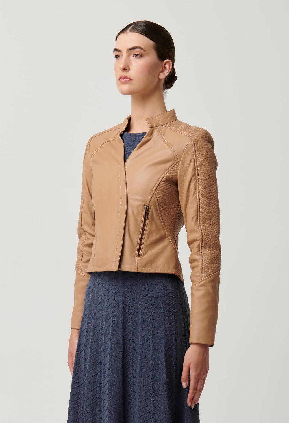 OnceWas Blaire Leather Herringbone Stitch Jacket in Wheat