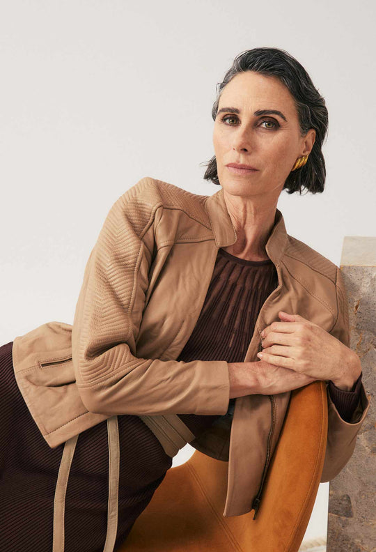 Blaire Leather Herringbone Stitch Jacket in Wheat