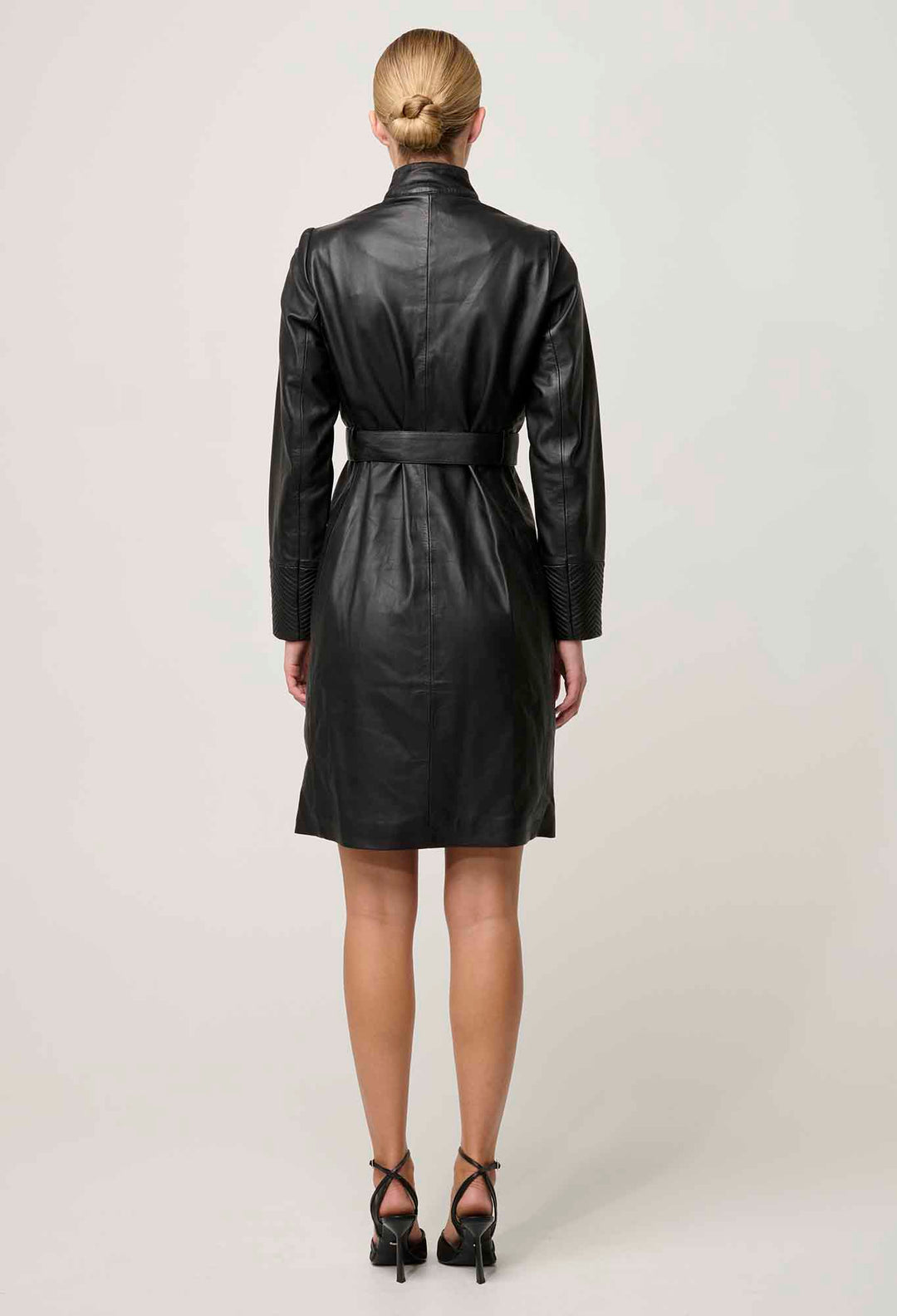 Leighton Leather Herringbone Coat in Onyx