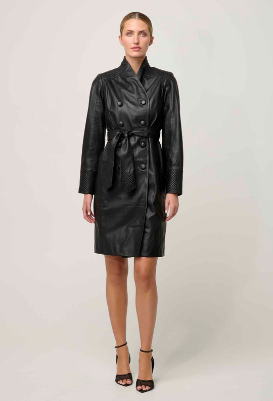 Leighton Leather Herringbone Coat in Onyx