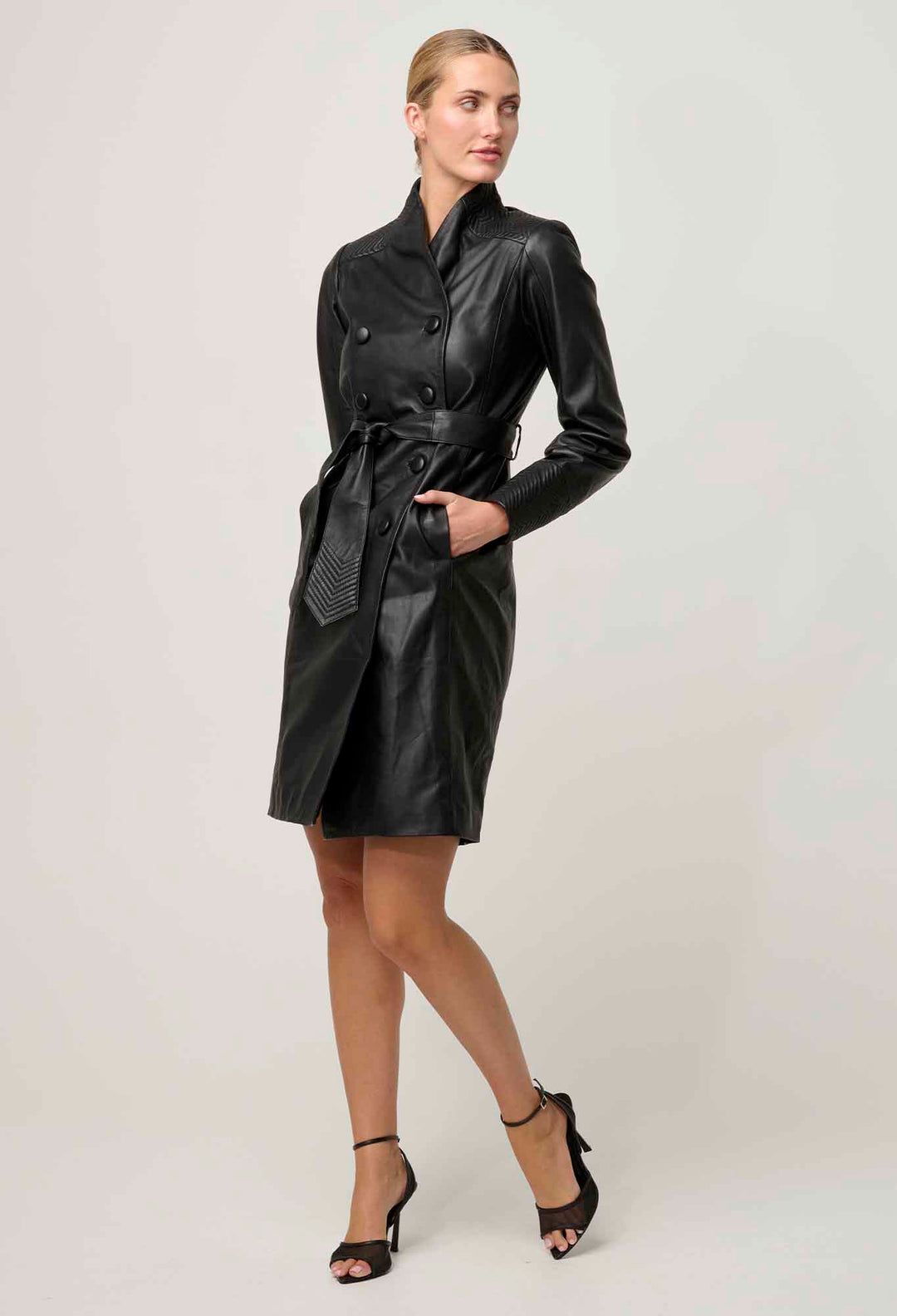 Leighton Leather Herringbone Coat in Onyx