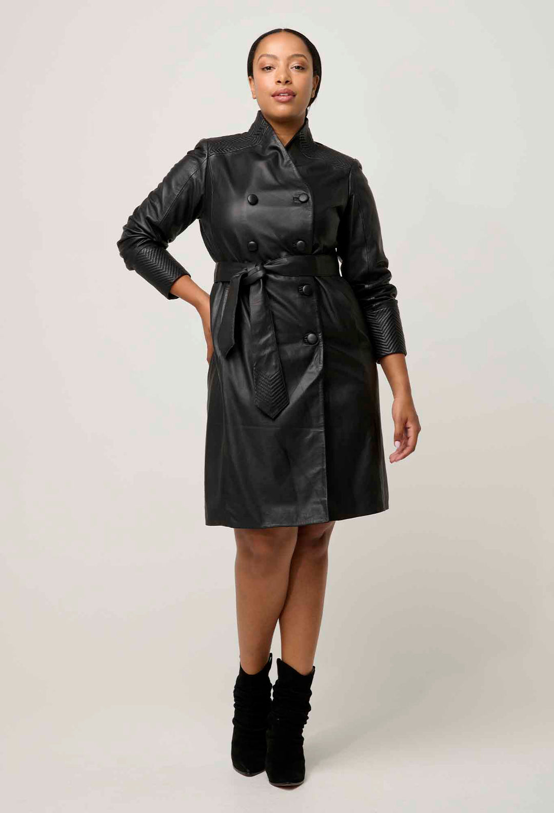 Leighton Leather Herringbone Coat in Onyx