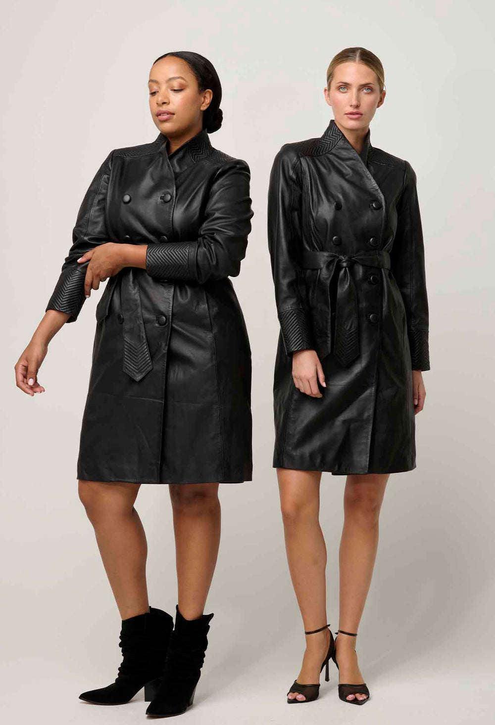 Leighton Leather Herringbone Coat in Onyx