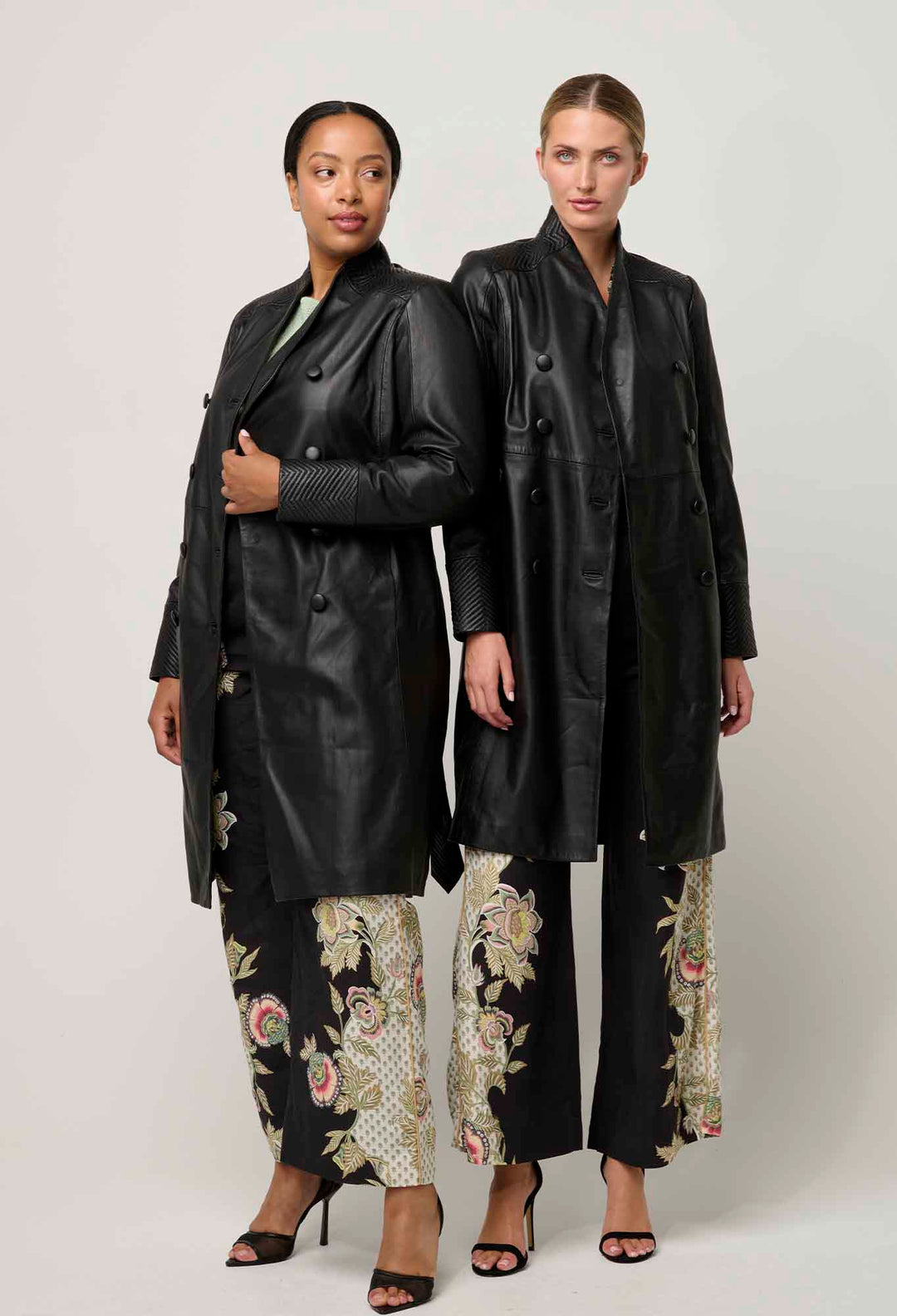 Leighton Leather Herringbone Coat in Onyx