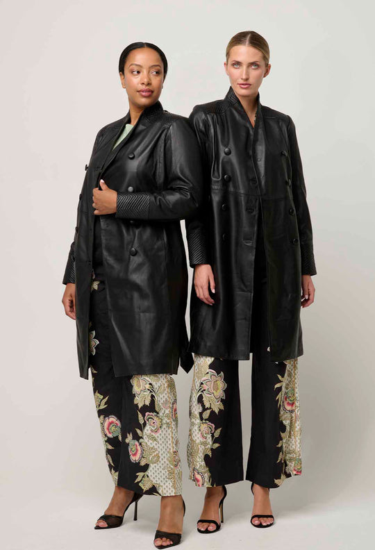 Leighton Leather Herringbone Coat in Onyx