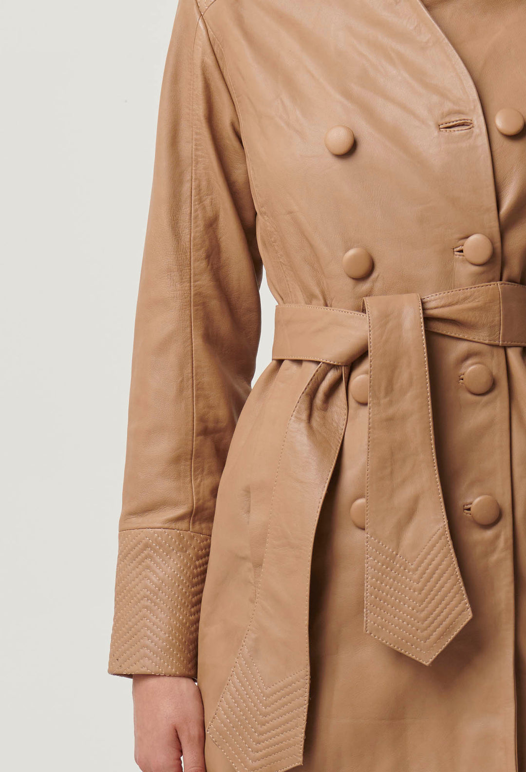 OnceWas Leighton Leather Herringbon Double Breasted Coat in Wheat