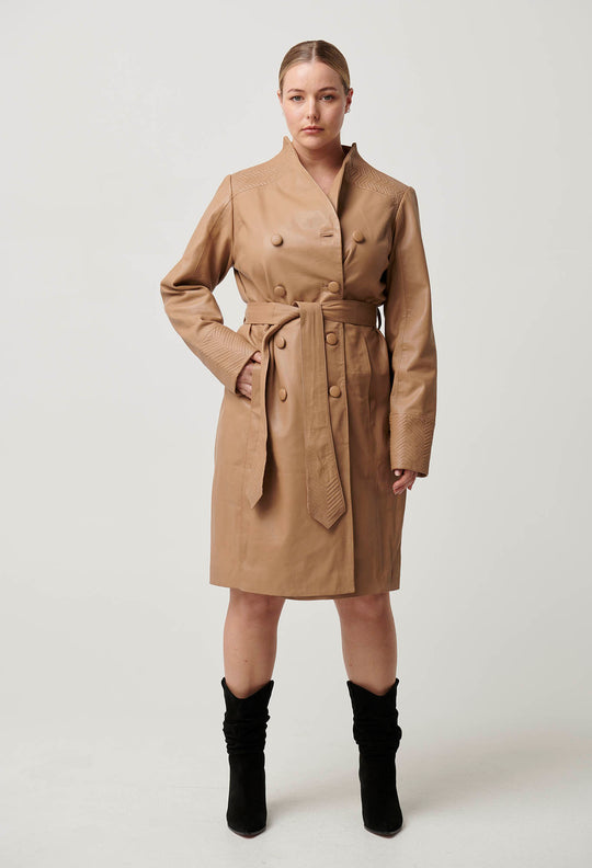 OnceWas Leighton Leather Herringbon Double Breasted Coat in Wheat