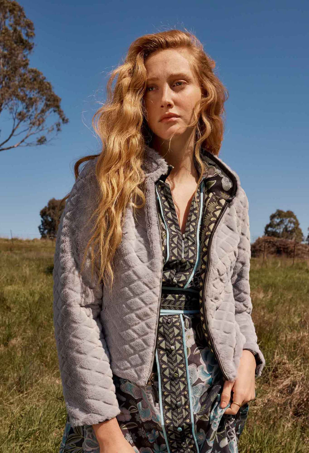 OnceWas Rylie Reversible Print & Faux Fur Jacket in Dahlia fields