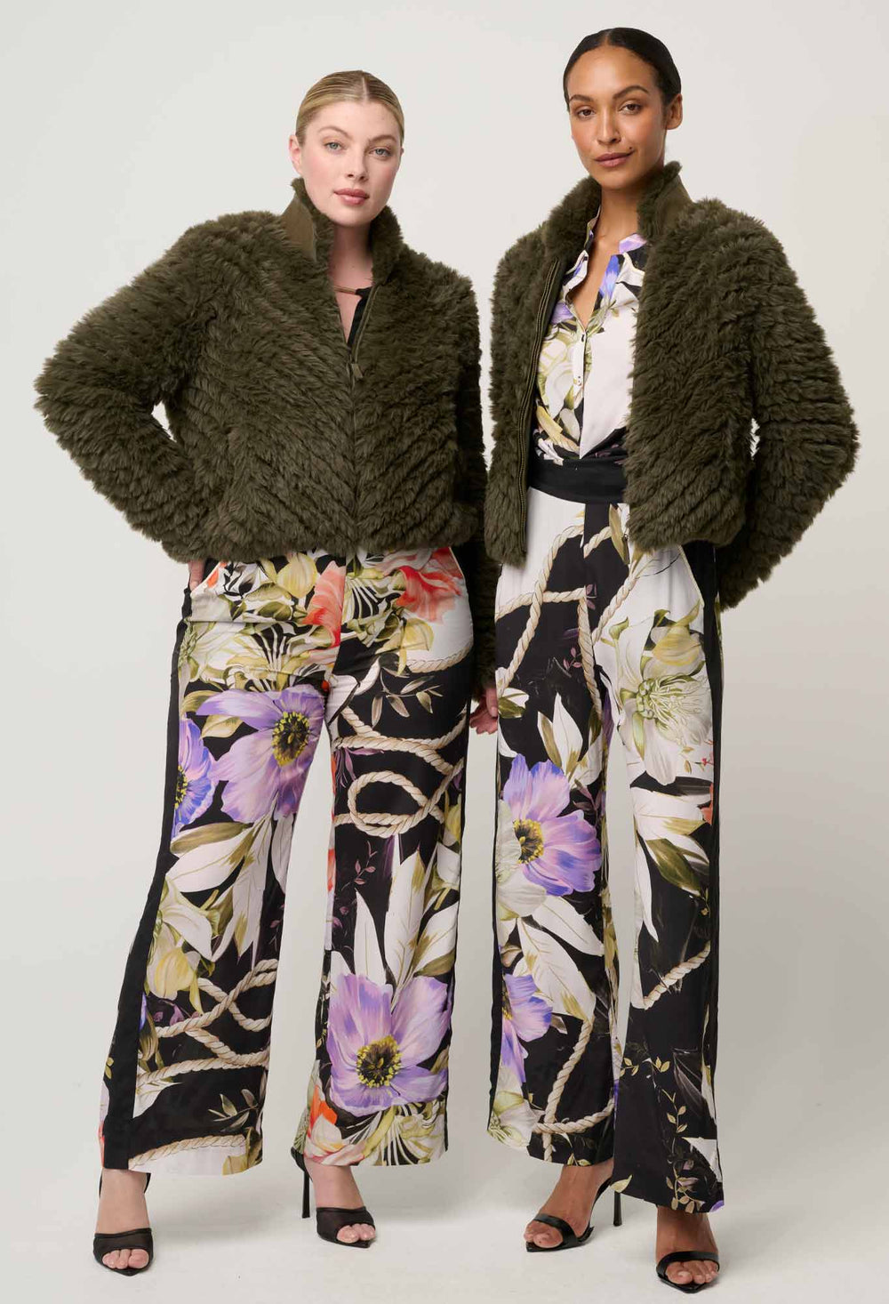 Sybil Chevron Faux Fur Bomber in Moss