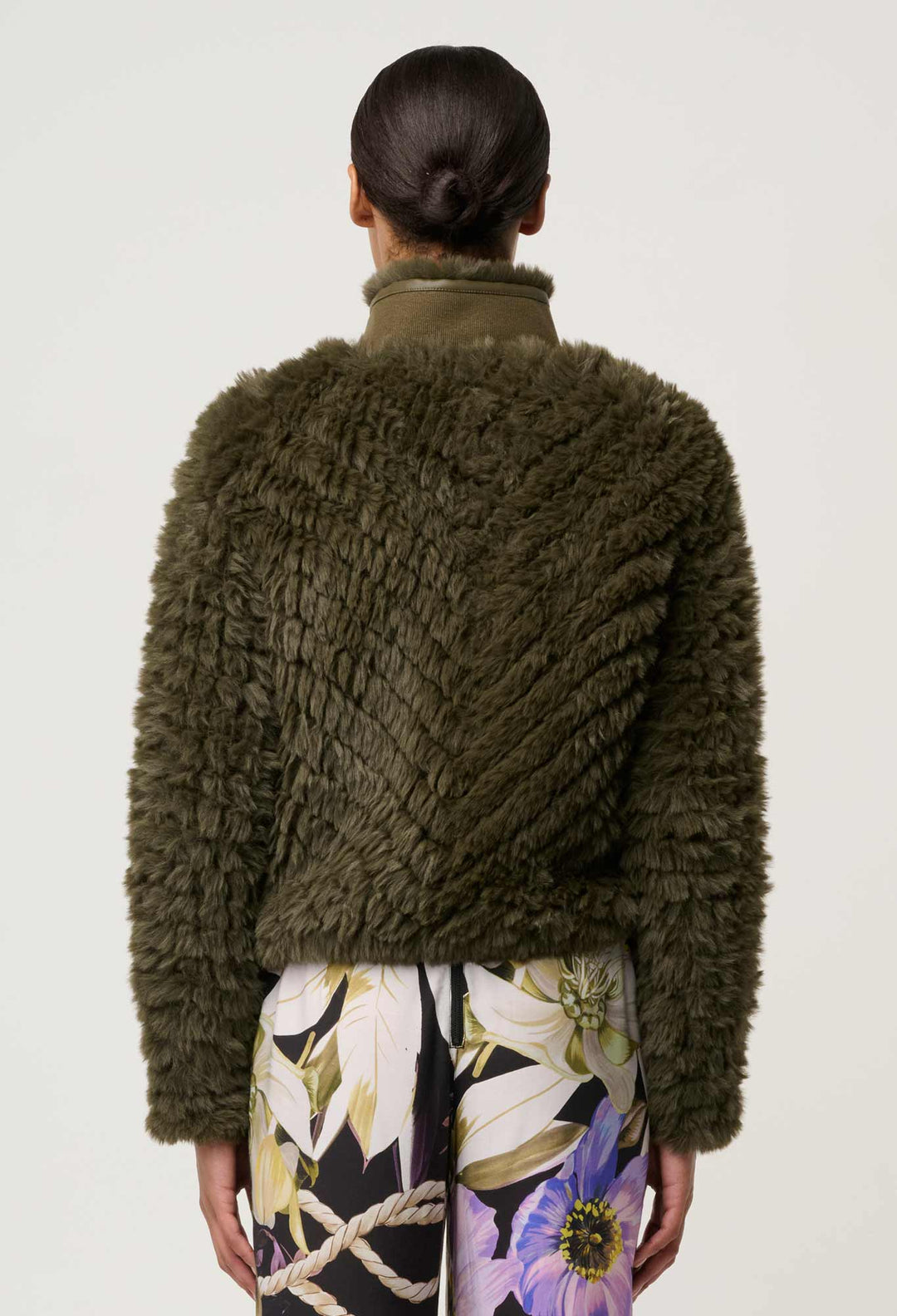 Sybil Chevron Faux Fur Bomber in Moss
